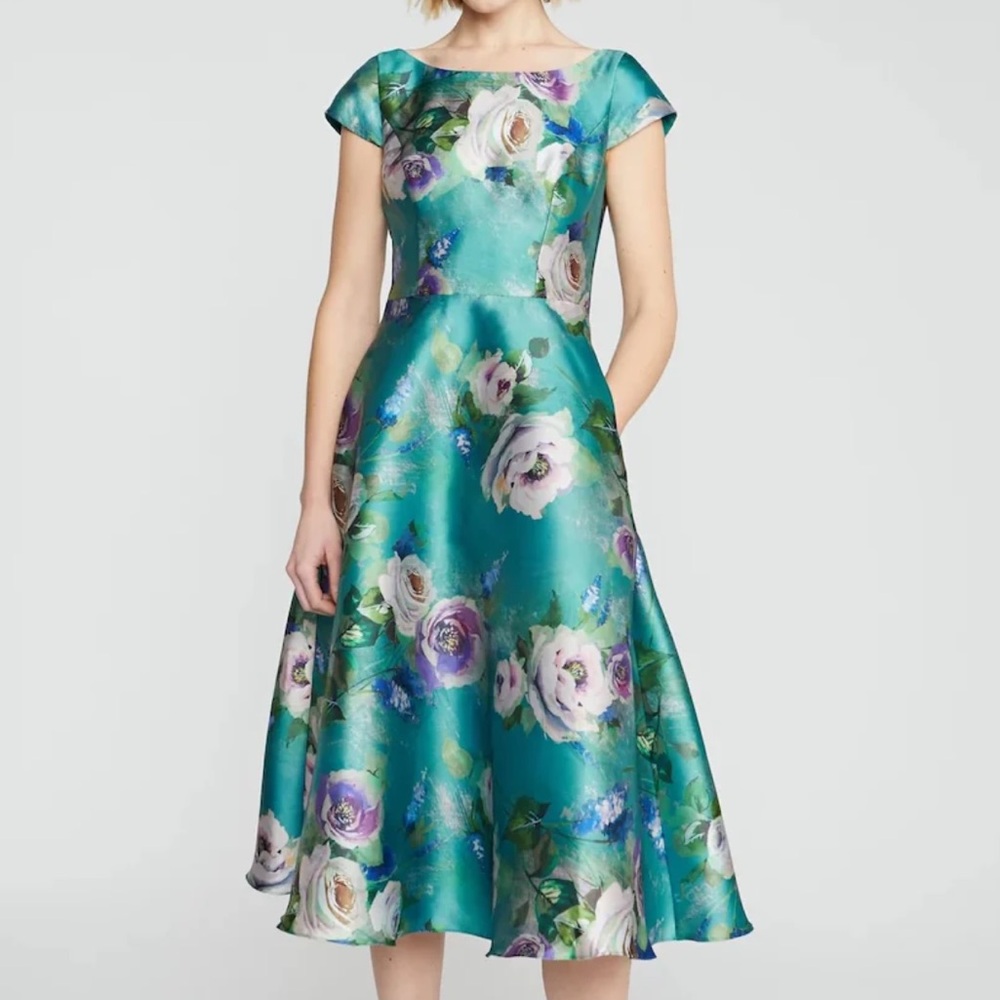 THEIA Paula Floral Mikado Tea Length Midi Dress Aqua Blue Size 4 NWT $795